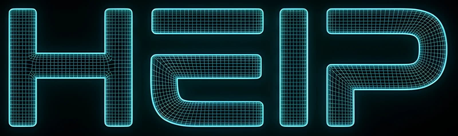HEIP wordmark drawn as a glowing cyan wireframe mesh